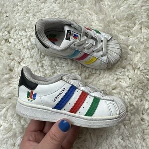 adidas White Kids Superstar Sneakers with Blue Red Green Stripes